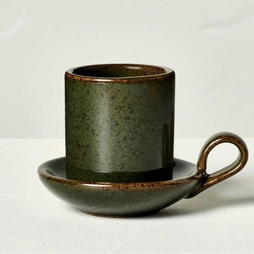 Hearth & Hand Green Ceramic Cup Candle Holder with Brown Rim